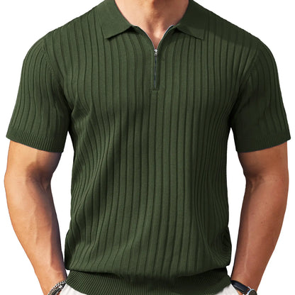 Men's Ribbed Knit 1/4 Zip Polo Shirt – Short Sleeve Casual Golf Sweater Polo for Business Casual, Travel & Everyday Wear