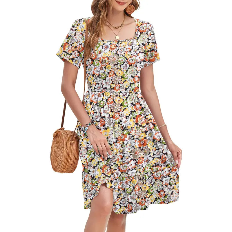 Women Square Neck Ditsy Floral Dress, Ruffle Empire Waist A-Line Sundress With Pockets