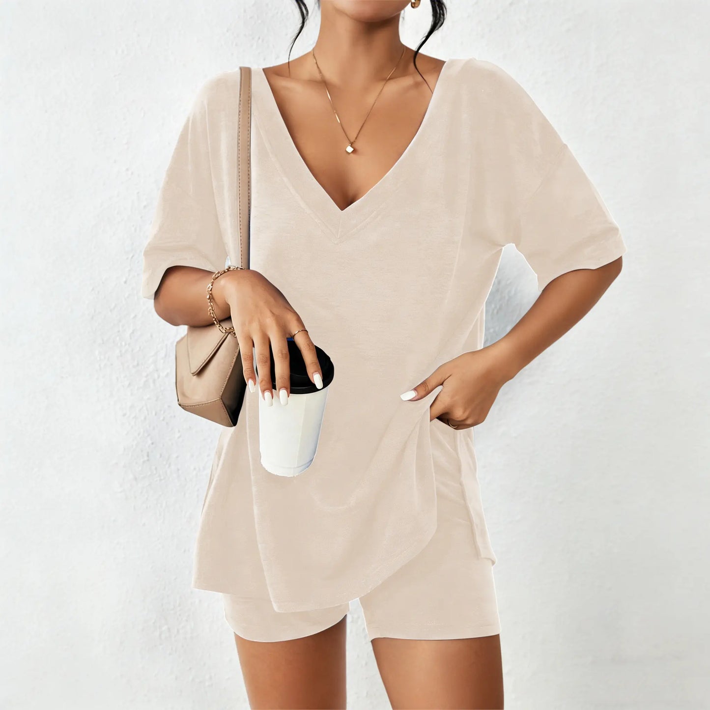 Women's Oversized V-Neck Lounge Set, Soft 2 Piece Pajama Set with Biker Shorts, Casual Summer Matching Outfit for Home & Travel