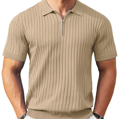 Men's Ribbed Knit 1/4 Zip Polo Shirt – Short Sleeve Casual Golf Sweater Polo for Business Casual, Travel & Everyday Wear