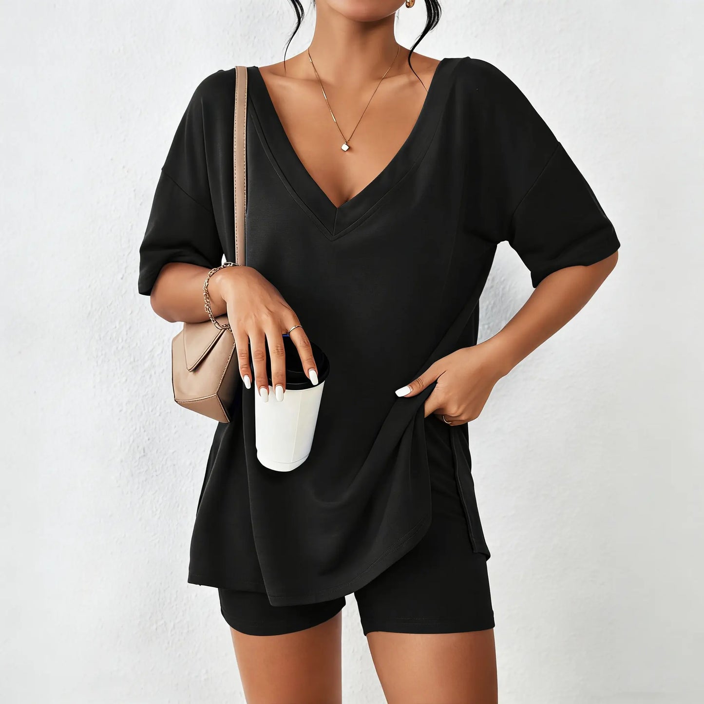 Women's Oversized V-Neck Lounge Set, Soft 2 Piece Pajama Set with Biker Shorts, Casual Summer Matching Outfit for Home & Travel