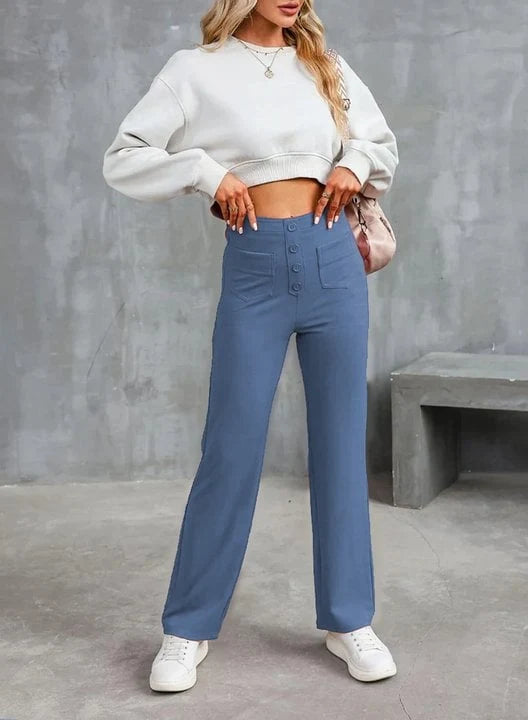 Women’s High-Waisted Stretch Pants – Comfortable Straight-Leg Pants with Pockets
