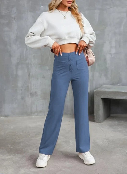 Women’s High-Waisted Stretch Pants – Comfortable Straight-Leg Pants with Pockets