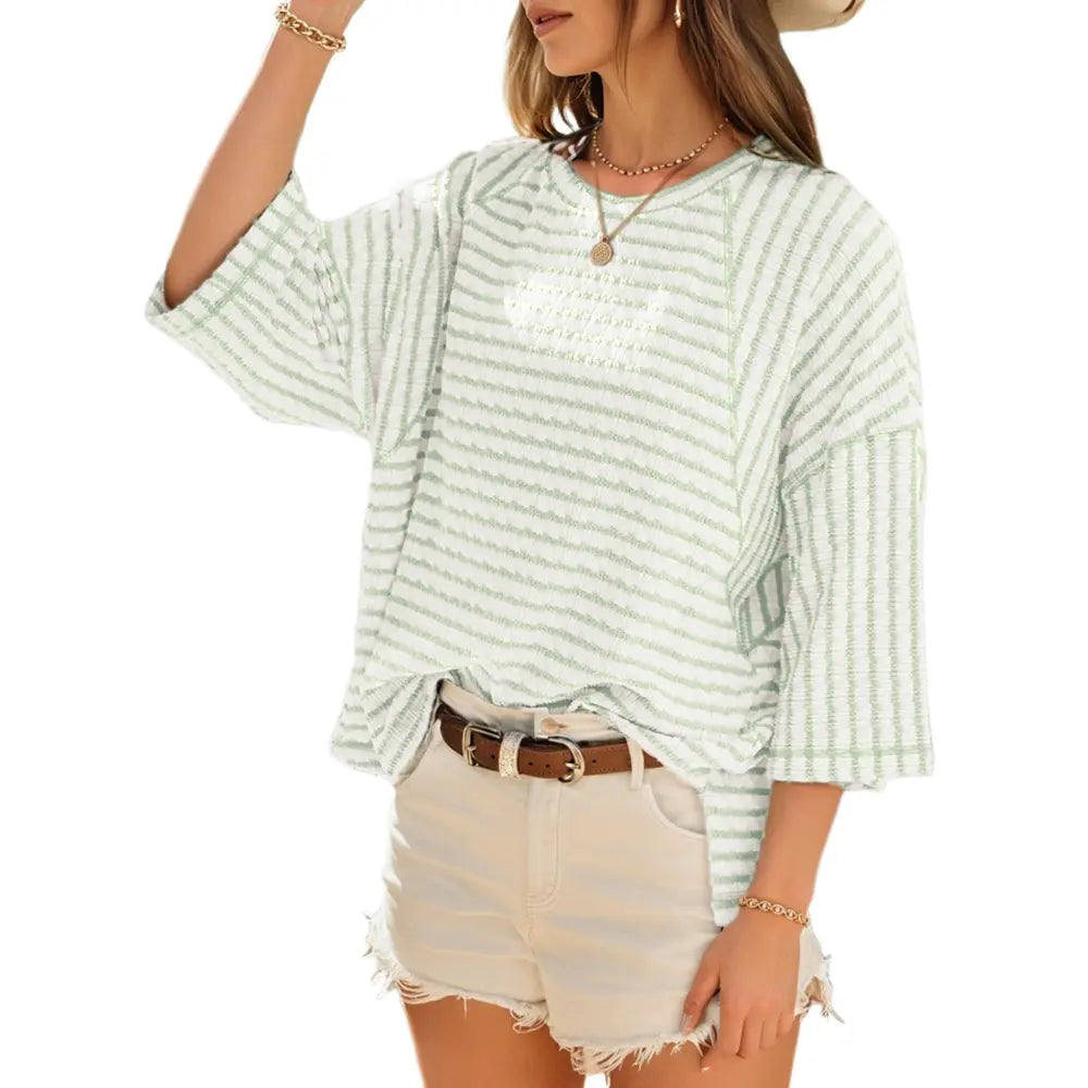 Women’s Oversized Striped Color Block Tee – Soft Summer Short Sleeve Casual Top