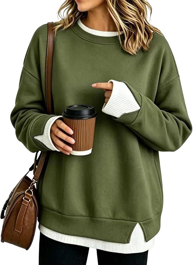 Women's Loose Fit Faux Two-Piece Crewneck Sweatshirt – Casual Layered Look Pullover