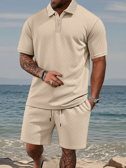 Men's Textured Polo Shirt & Drawstring Shorts Set – Breathable 2 Piece Summer Outfit for Casual, Vacation & Everyday Wear