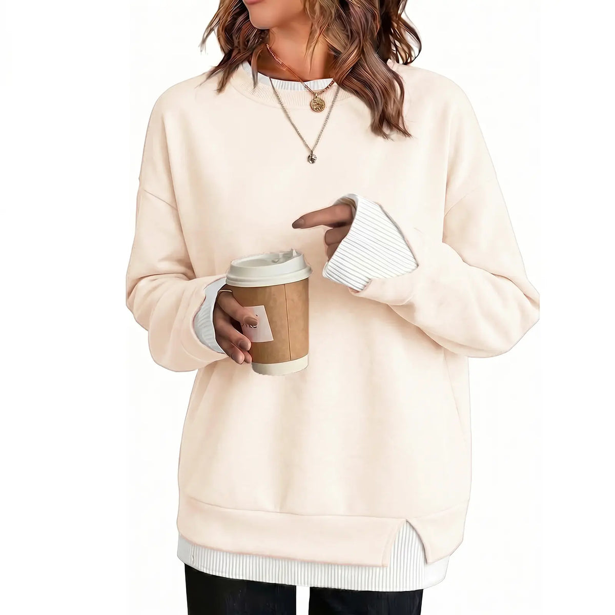Women's Loose Fit Faux Two-Piece Crewneck Sweatshirt – Casual Layered Look Pullover