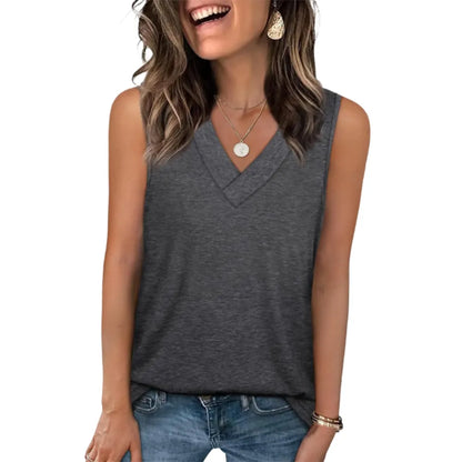 Women's Summer V-Neck Tank Top – Loose Fit, Sleeveless, Basic Tee