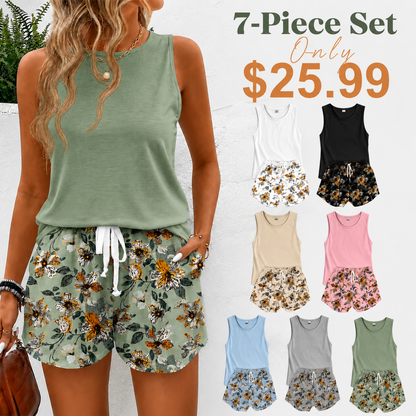 Women's Floral Print Two-Piece Set, Sleeveless Tank Top + Drawstring Adjustable Shorts, Casual Summer, Comfortable and Stylish