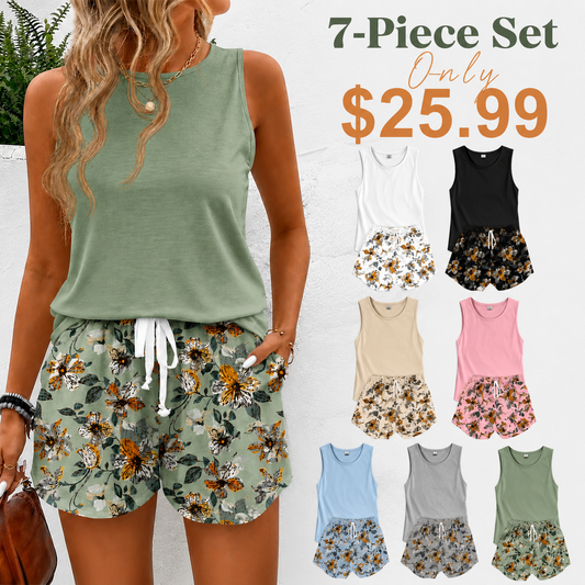 Women's Floral Print Two-Piece Set, Sleeveless Tank Top + Drawstring Adjustable Shorts, Casual Summer, Comfortable and Stylish