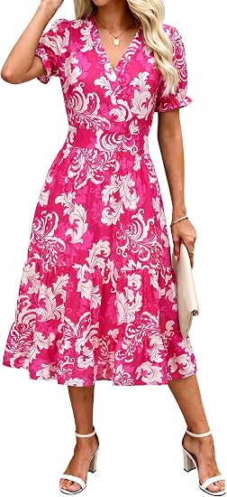 Summer Dresses Midi Dress V Neck Puffy Short Sleeve Flowy Casual Vacation Beach Sundresses 2026 with Pockets