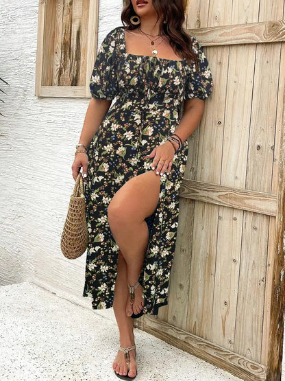 Women Boho Floral Print Split Thigh Dress – Puff Sleeve Tie Front Casual Midi Summer Dress for Daily Wear & Plus Size Fashion