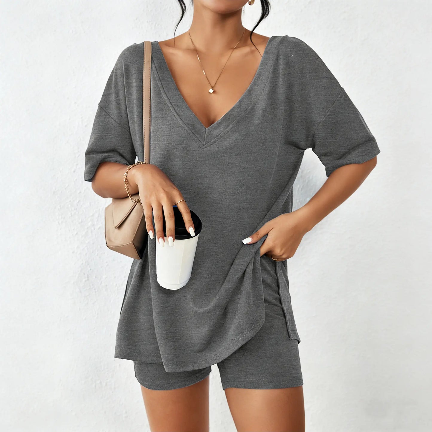 Women's Oversized V-Neck Lounge Set, Soft 2 Piece Pajama Set with Biker Shorts, Casual Summer Matching Outfit for Home & Travel