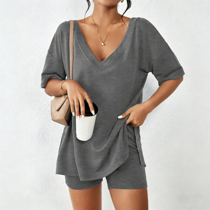 Women's Oversized V-Neck Lounge Set, Soft 2 Piece Pajama Set with Biker Shorts, Casual Summer Matching Outfit for Home & Travel