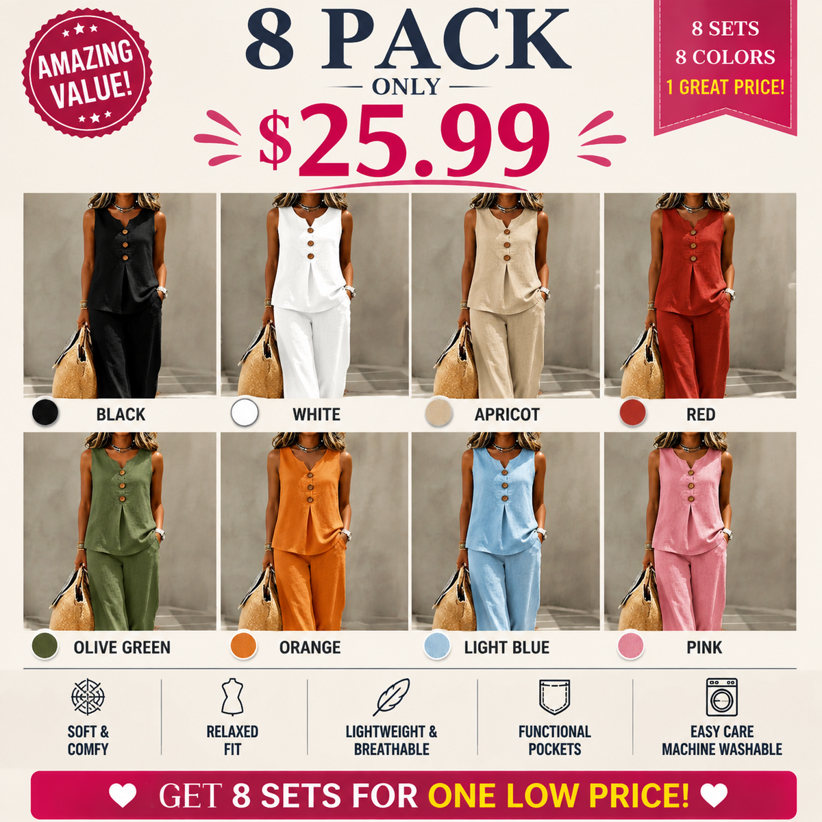 🌿Women's Natural Linen-Blend Sleeveless Button Top and Loose Pants Set