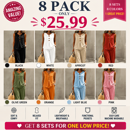 🌿Women's Natural Linen-Blend Sleeveless Button Top and Loose Pants Set