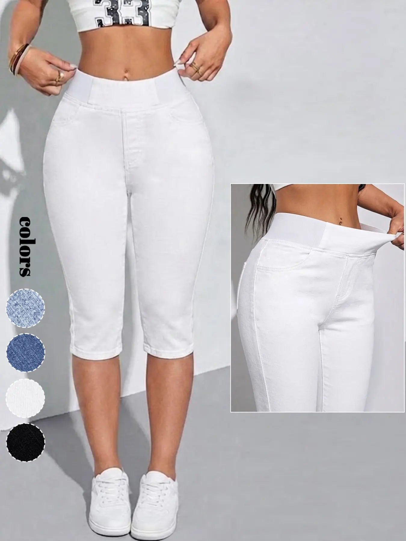 Women's High Waisted Stretch Capri Jeans – Pull-On Denim Capris with Wide Elastic Waistband, Slim Fit Cropped Jeggings