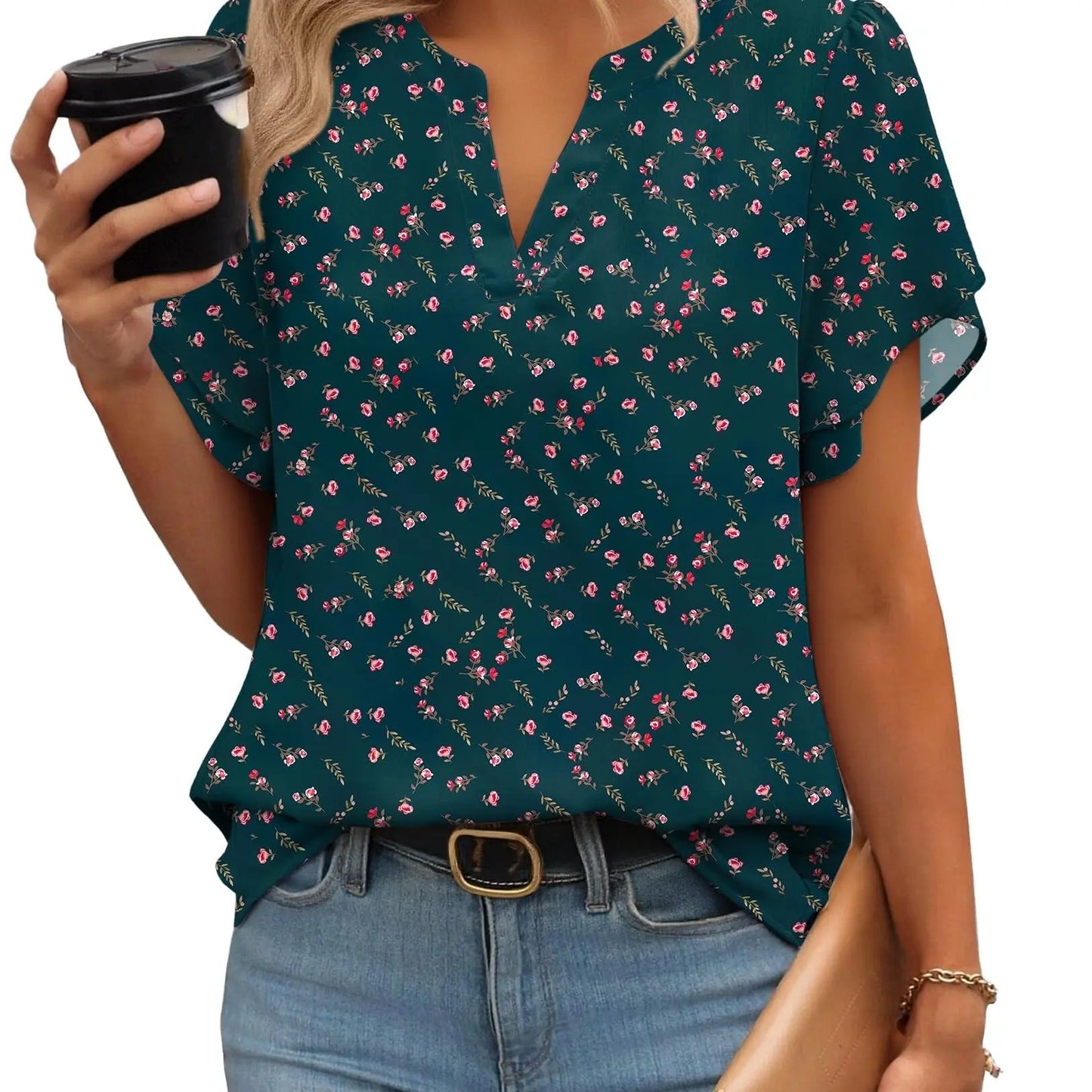 Women’s Floral Chiffon Blouse – Lightweight V-Neck Petal Sleeve Top for Work, Casual & Everyday Wear