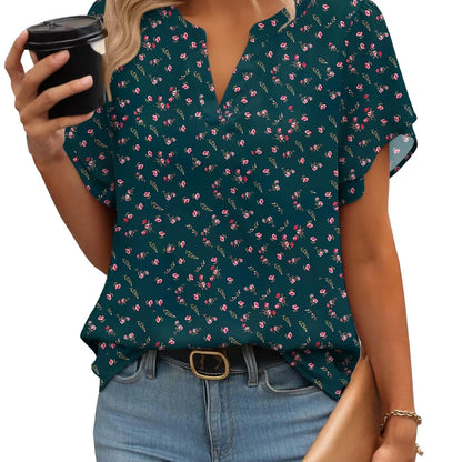 Women’s Floral Chiffon Blouse – Lightweight V-Neck Petal Sleeve Top for Work, Casual & Everyday Wear