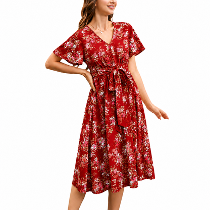 V-neck floral maxi dress with ruffle sleeves and belt