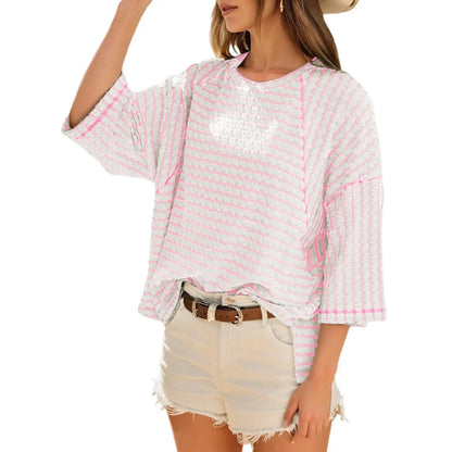Women’s Oversized Striped Color Block Tee – Soft Summer Short Sleeve Casual Top