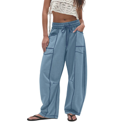 Women’s Baggy Barrel-Leg Lounge Pants – Wide Leg, Drawstring Waist & Pockets
