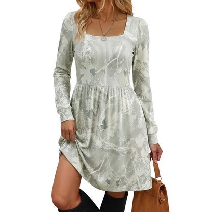 Women's Boho Floral Mini Dress – Long Sleeve Square Neck Empire Waist Flowy Casual Dress