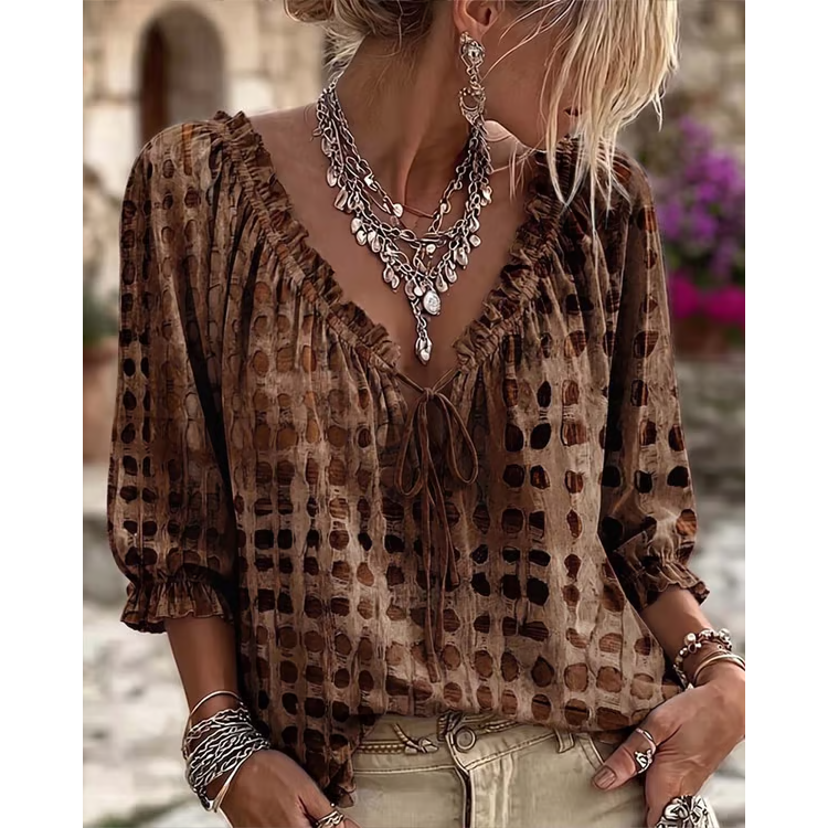 Women’s 3/4 Sleeve V-Neck Polka Dot Lace-Up Blouse – Lightweight Casual Ruffle Top