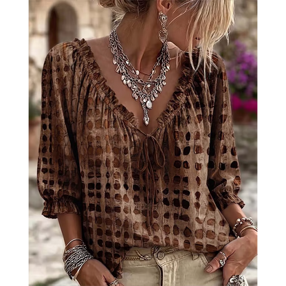 Women’s 3/4 Sleeve V-Neck Polka Dot Lace-Up Blouse – Lightweight Casual Ruffle Top