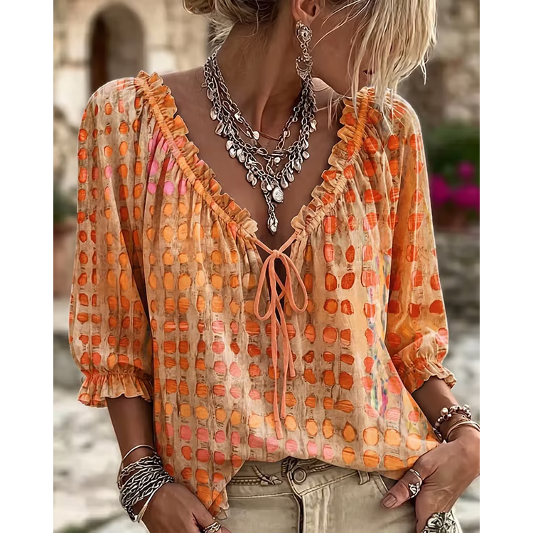 Women’s 3/4 Sleeve V-Neck Polka Dot Lace-Up Blouse – Lightweight Casual Ruffle Top