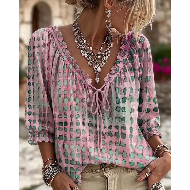 Women’s 3/4 Sleeve V-Neck Polka Dot Lace-Up Blouse – Lightweight Casual Ruffle Top