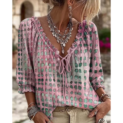 Women’s 3/4 Sleeve V-Neck Polka Dot Lace-Up Blouse – Lightweight Casual Ruffle Top