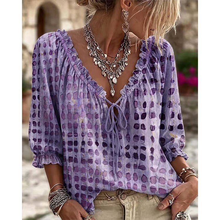 Women’s 3/4 Sleeve V-Neck Polka Dot Lace-Up Blouse – Lightweight Casual Ruffle Top
