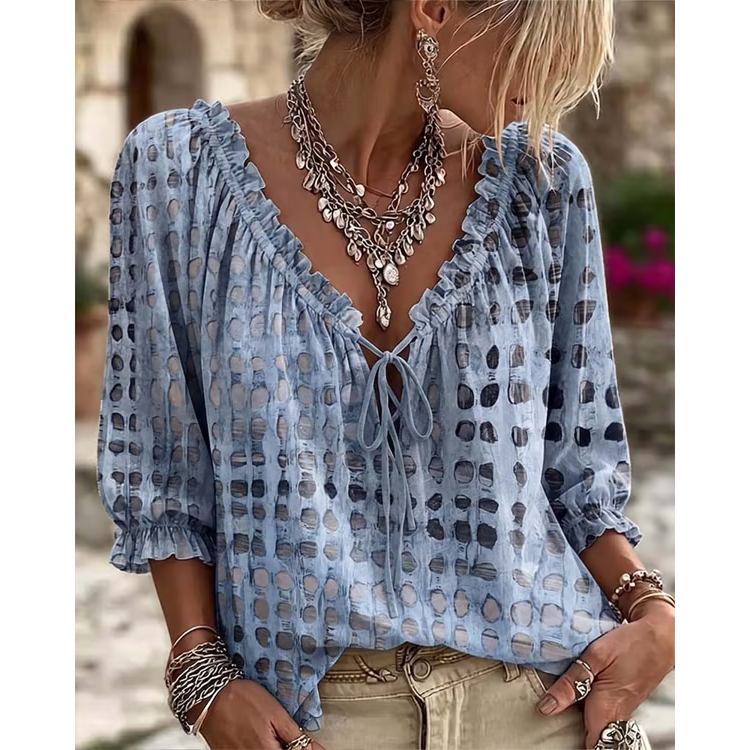 Women’s 3/4 Sleeve V-Neck Polka Dot Lace-Up Blouse – Lightweight Casual Ruffle Top