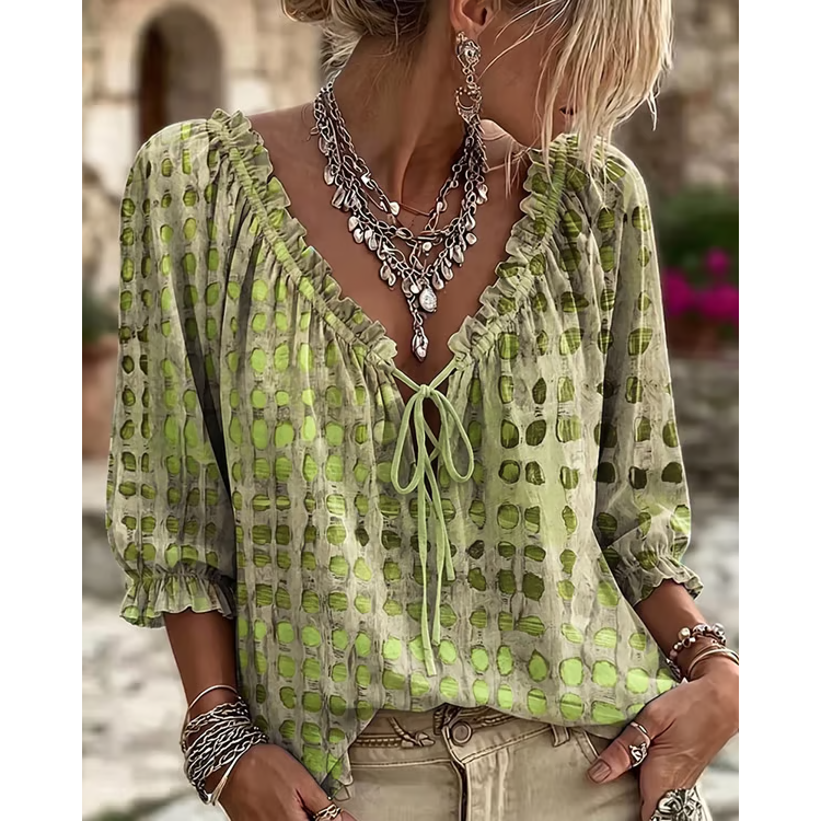 Women’s 3/4 Sleeve V-Neck Polka Dot Lace-Up Blouse – Lightweight Casual Ruffle Top