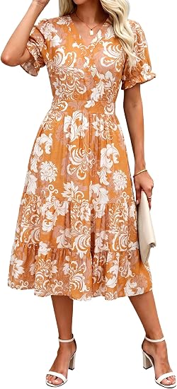 Summer Dresses Midi Dress V Neck Puffy Short Sleeve Flowy Casual Vacation Beach Sundresses 2026 with Pockets