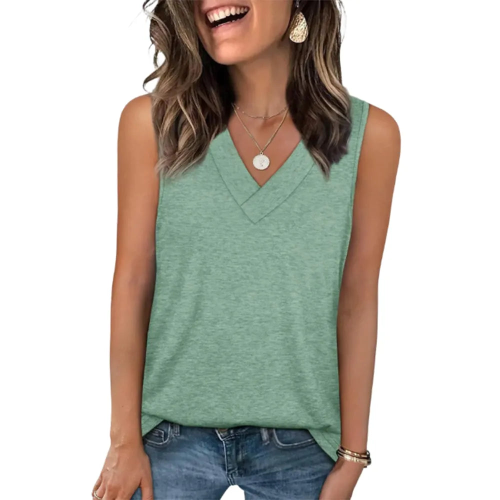 Women's Summer V-Neck Tank Top – Loose Fit, Sleeveless, Basic Tee