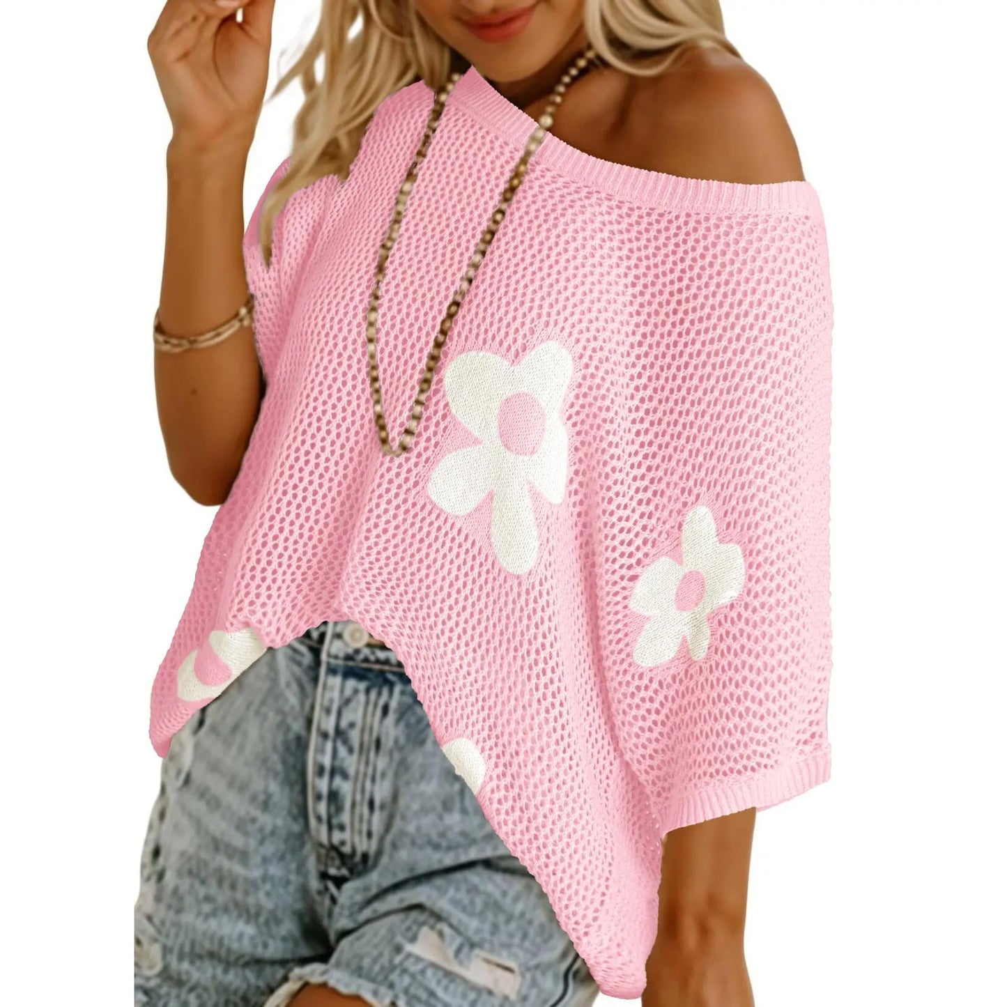 Women's Lightweight Crochet Sweater Floral Knit Summer Top Short Sleeve Beach Cover Up Casual Loose Pullover