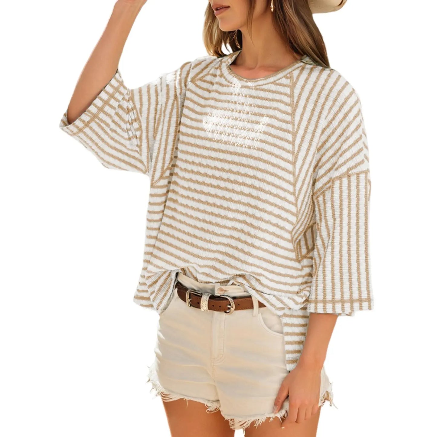 Women’s Oversized Striped Color Block Tee – Soft Summer Short Sleeve Casual Top