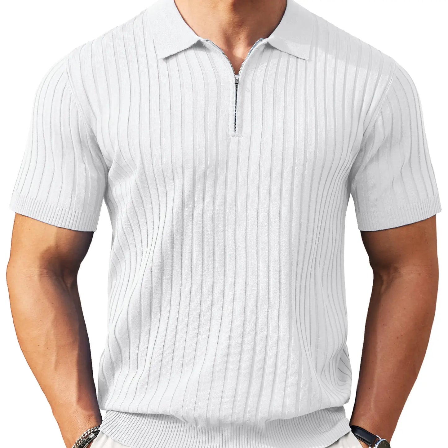Men's Ribbed Knit 1/4 Zip Polo Shirt – Short Sleeve Casual Golf Sweater Polo for Business Casual, Travel & Everyday Wear
