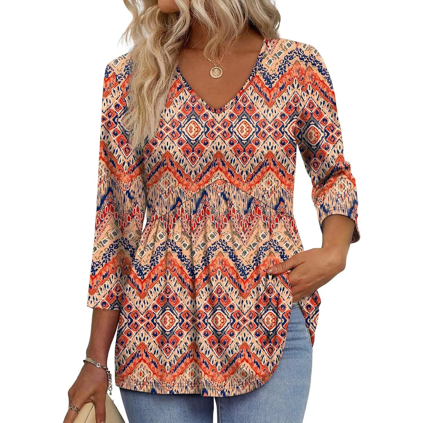 Women’s V-Neck 3/4 Sleeve Tunic Top – Flowy Dressy Casual Blouse