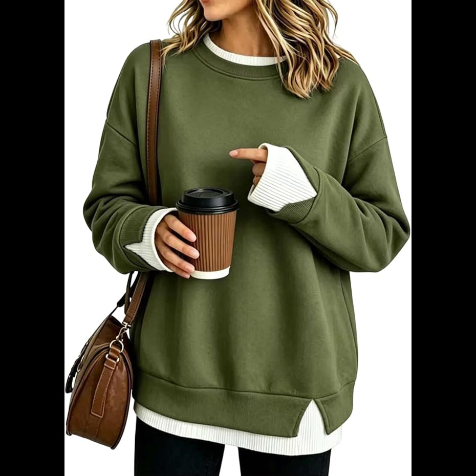 Women's Loose Fit Faux Two-Piece Crewneck Sweatshirt – Casual Layered Look Pullover