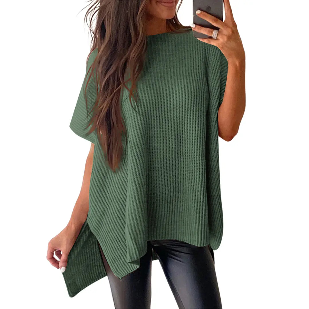 Women's Casual Oversized Solid Knit Pullover Sweater with Puff Short Sleeves