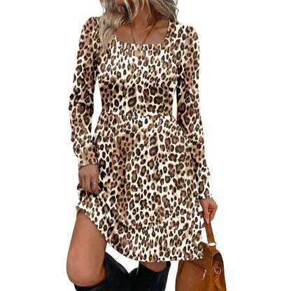 Women's Boho Floral Mini Dress – Long Sleeve Square Neck Empire Waist Flowy Casual Dress