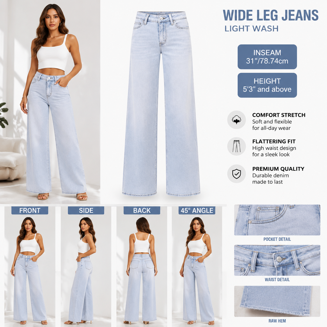 Women's Mid-Low Rise Washed Baggy Wide Leg Jeans – Stretchy Denim Pants