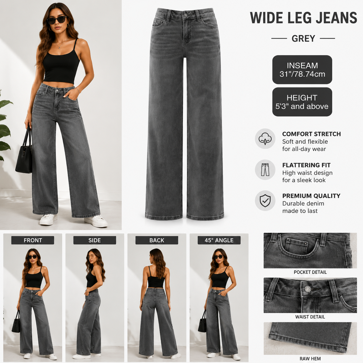 Women's Mid-Low Rise Washed Baggy Wide Leg Jeans – Stretchy Denim Pants