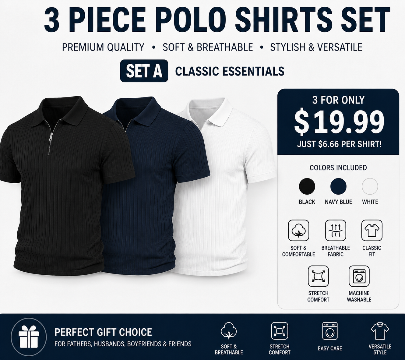 Men's Ribbed Knit 1/4 Zip Polo Shirt – Short Sleeve Casual Golf Sweater Polo for Business Casual, Travel & Everyday Wear