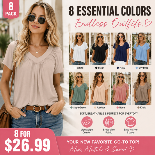 Women’s Casual V Neck Short Sleeve Top – Soft Loose Fit Pleated Summer Tee