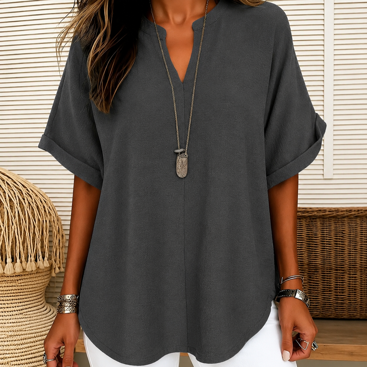 Fashion Loose Solid Color Short Sleeve Top