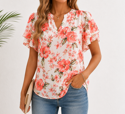 Women’s Floral Chiffon Blouse – Lightweight V-Neck Petal Sleeve Top for Work, Casual & Everyday Wear